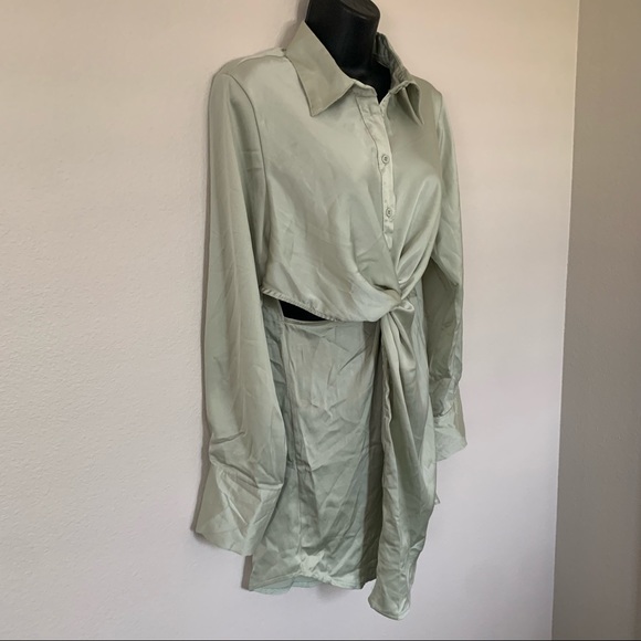 Princess Polly Sage Green Satin Long Sleeve Button Twist Cut Out Shirtdress - Picture 4 of 12